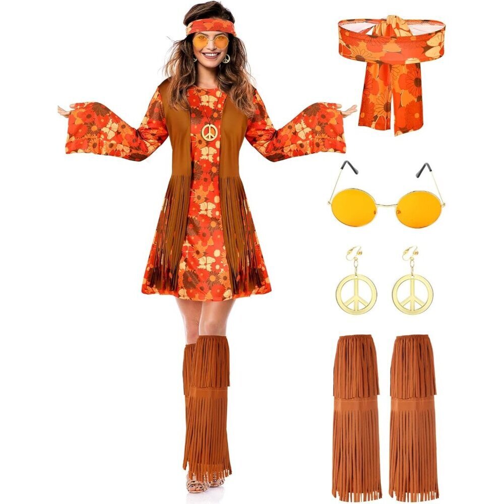 Hippie Costume Set 70s 60s Women Accessories Dress for 70s Party Halloween